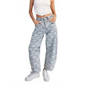 NEW EE:SOME mariana barrel leg jeans in checkered patchwork